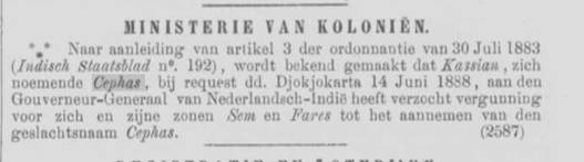 Kolom Penetapan Pembubuhan Nama Cephas (Nederlandsche Staats-Courant, 23 Agustus 1889 No 198:3)