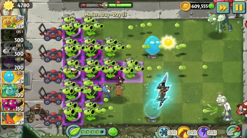 gameplay Threepeater (dok. PopCap Games/Plants vs. Zombies 2)