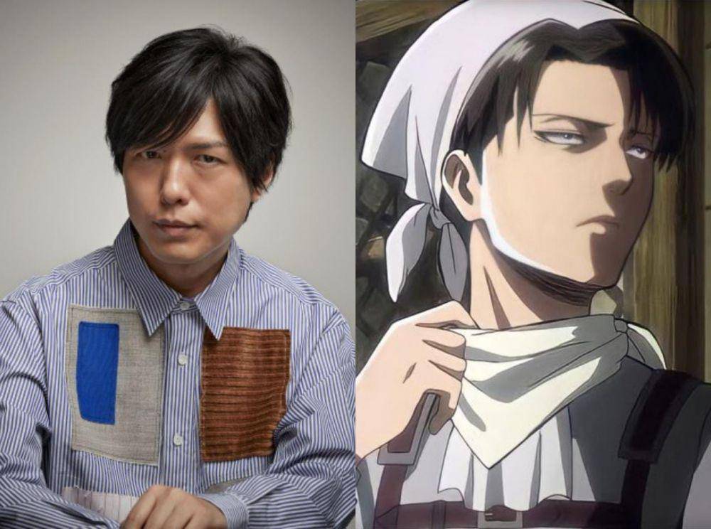 kolase foto Hiroshi Kamiya dan Levi Ackerman (aoni.co.jp | dok. WIT STUDIO/Attack on Titan)