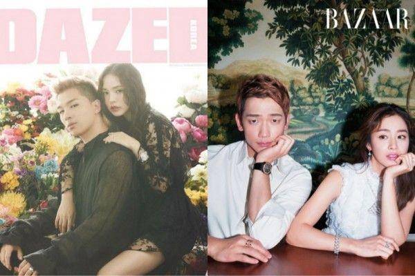 Taeyang BIGBANG dengan Min Hyo Rin dan Rain dengan Kim Tae Hee (dok. Dazed | dok. Harper's Bazaar)
