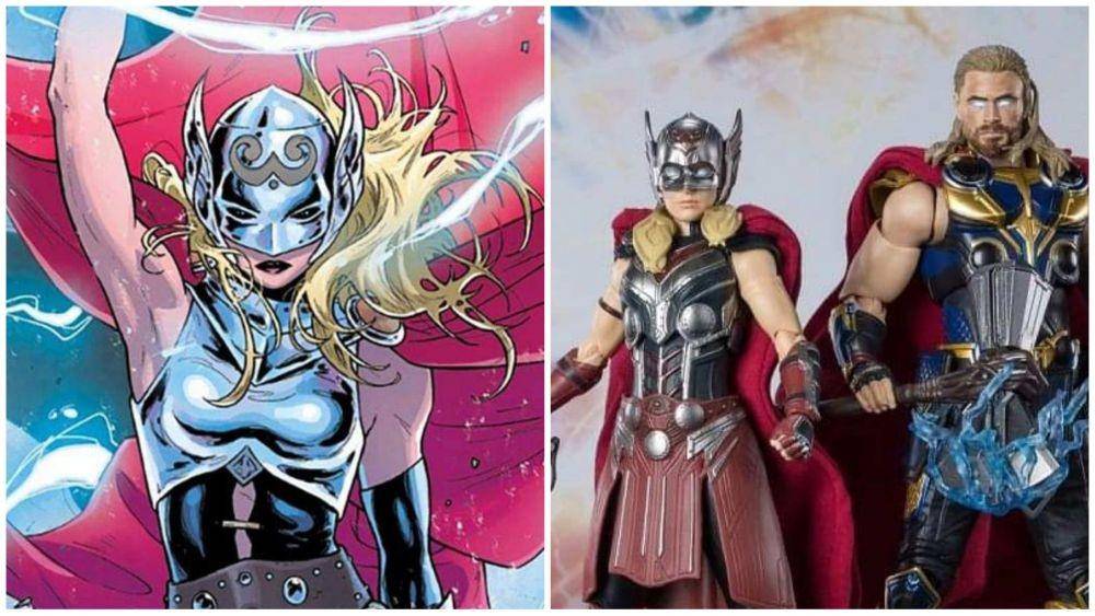 Jane Foster versi komik, serta Jane dan Thor versi SHF Love and Thunder. (Dok. Marvel Comics, figsoku.net)