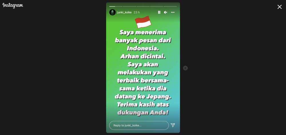 Tangkapan layar akun Instagram pemain senior Tokyo Verdy, Junki Koike yang antusias menunggu Pratama Arhan datang ke Jepang. (IDN Times/Ilyas Mujib)