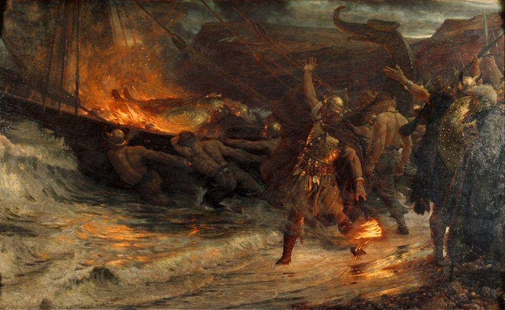 Ilustrasi lukisan dari pemakaman seorang Viking, tubuhnya ditempatkan di atas perahu yang dibakar. Kerumunan tentara Viking mengangkat tangan dan senjata saat kapal yang terbakar membawa jenazah ke laut. (commons.wikimedia.org/Manchester Art Gallery)