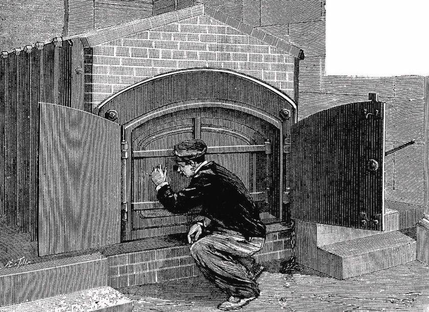 Tungku kremasi di krematorium Pere laChaise, Paris, Prancis. Ilustrasi ini diterbitkan pada tahun 1888 saat bangunannya sedang dibangun. (fineartamerica.com/Universal History Archive/uig)