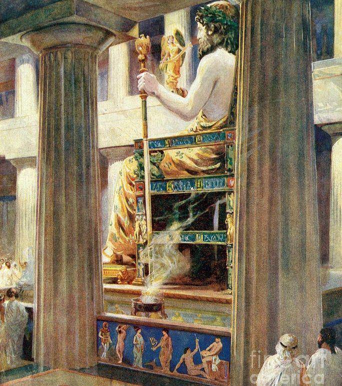Patung Zeus di Olympia dari lukisan karya Charles M. Sheldon, berdasarkan Pausanias (fineartamerica.com/Photo Researchers)