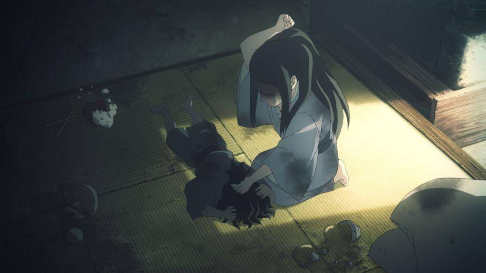 Ibu Gyutaro menyiksa Gyutaro. (dok. ufotable/Demon Slayer: Kimetsu no Yaiba)