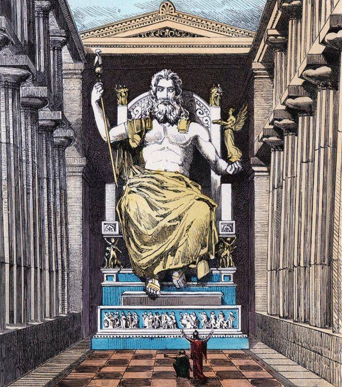 Ukiran Jerman tentang orang-orang yang beribadah di patung raksasa Zeus di Olympia, Yunani Kuno. (fineartamerica.com/Cci Archives)