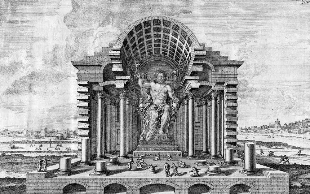 Patung Zeus di Olympia, ilustrasi dirancang oleh arsitektur Johann Bernhard Fischer von Erlach, diukir oleh Johann Adam Delsenbach. (britannica.com)