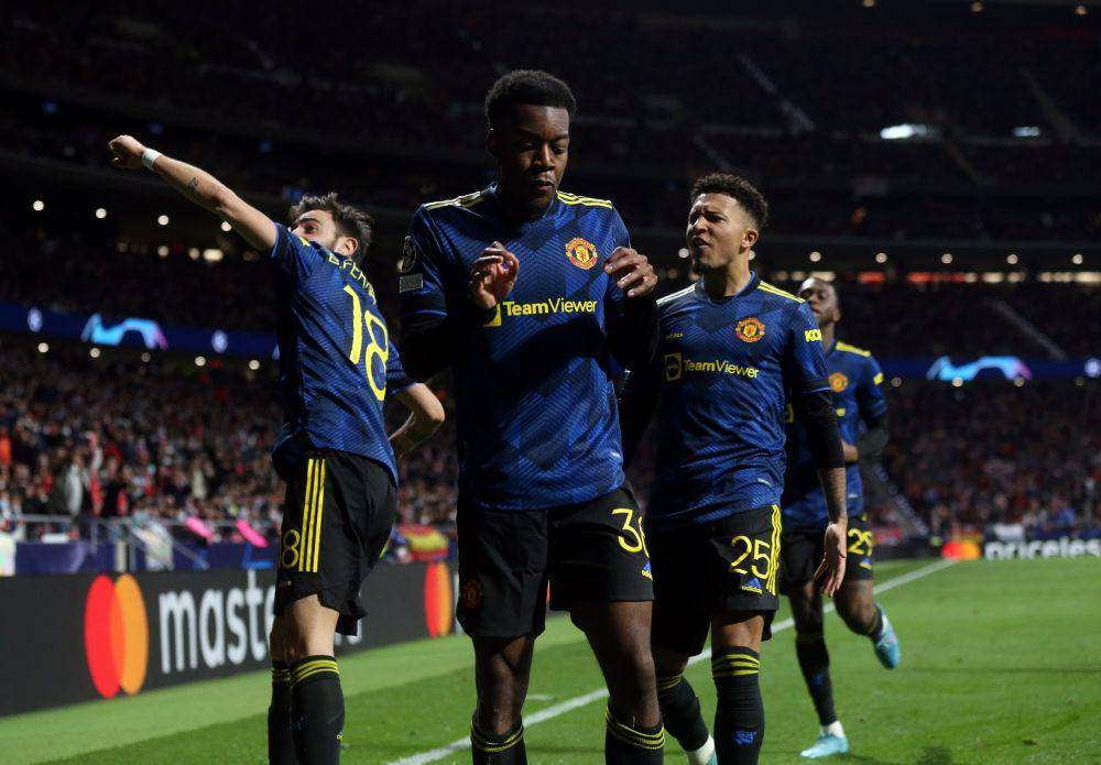 Selebrasi Anthony Elanga setelah mencetak gol ke gawang Atletico Madrid di Liga Champions. (twitter.com/Squawka)
