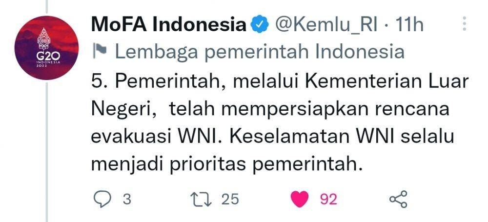 Cuitan Kementerian Luar Negeri soal rencana evakuasi WNI dari Ukraina (Tangkapan layar Twitter Kemlu)