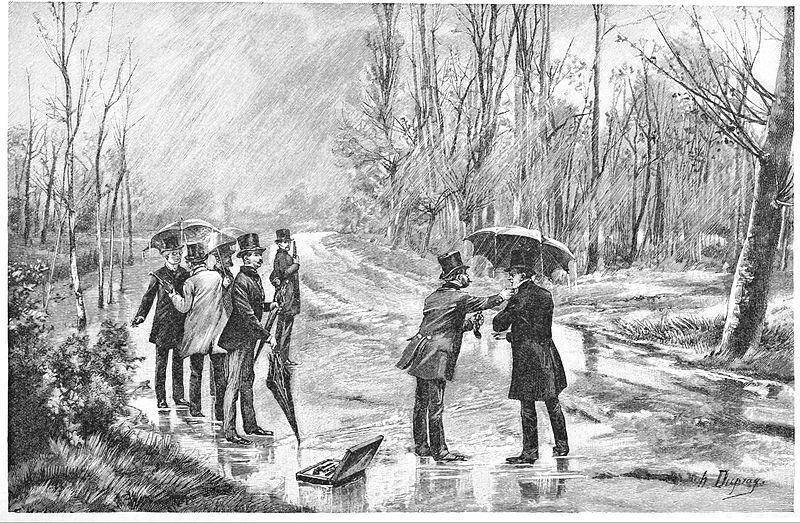 Duel pada tahun 1830 antara Charles Augustin Sainte-Beuve dan Paul-François Dubois, seperti yang diilustrasikan oleh Henri Dupray. (commons.wikimedia.org/Harper’s New Monthly Magazine)