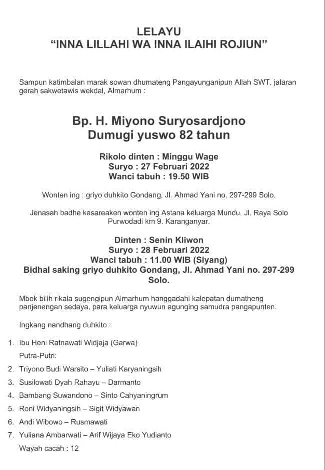 Surat duka Almarhum Miyono, paman Jokowi. (Dok. IDN Times)