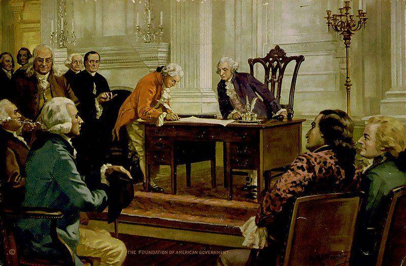 Ilustrasi Foundation of the American Government oleh John Henry Hintermeister yang diterbitkan Perusahaan Osborne, Newark, N.J. (commons.wikimedia.org/PBS)