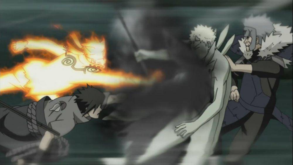 Naruto, Sasuke, dan Tobirama menyerang Obito. (dok. Pierrot/Naruto: Shippuden)