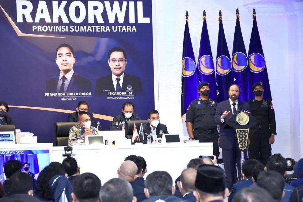 Ketum Partai NasDem Surya Paloh saat berbicara di Rakorwil NasDem Sumut, Kamis (3/3/2022) (Dok.Istimewa)