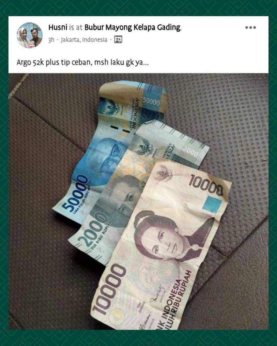driver ojek online dapat tip (instagram.com/lambeonlen)