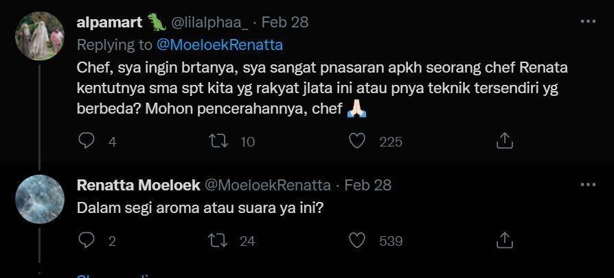 pertanyaan nyeleneh warganet ke Chef Renatta (twitter.com/lilalphaa_)