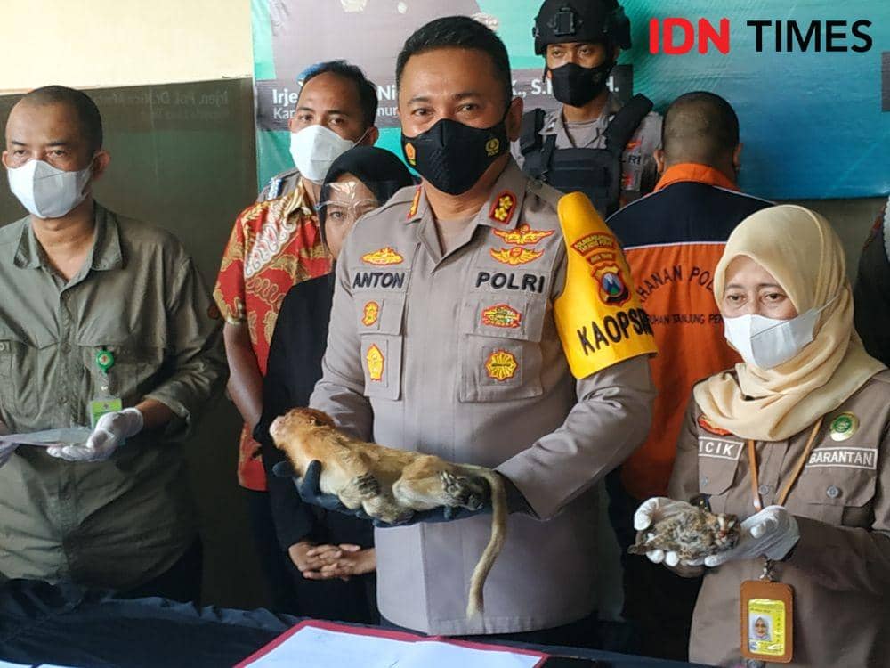 Polres Pelabuhan Tanjung Perak saat ungkap kasus penyelundupan hewan liar dilindungi, Jumat (4/3/2022). (IDN Times/Khusnul Hasana)