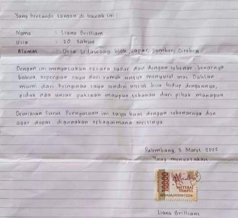 Surat pernyataan Liana di atas Materai (IDN Times/istimewa)