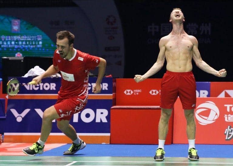 Kim Astrup dan Anders Skaarup Rasmussen selebrasi saat menjuarai China Open 2018. (bwfworldtour.bwfbadminton.com)