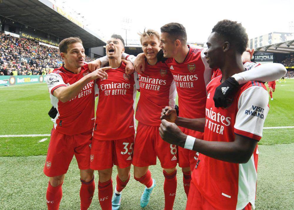 Para pemain Arsenal melakukan selebrasi setelah Gabriel Martinelli mencetak gol ke gawang Watford di Premier League. (twitter.com/Arsenal)