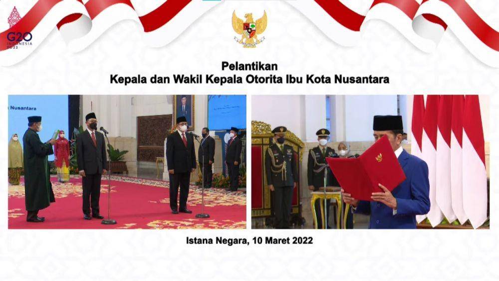Pelantikan Kepala dan Wakil Kepala Otorita Ibu Kota Nusantara (IKN) pada Kamis (10/3/2022). (youtube.com/Sekretariat Presiden)
