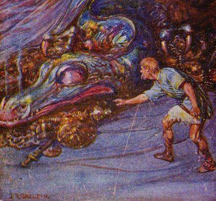 Lukisan Beowulf yang mencoba mencuri piala emas dari naga dalam Marshall, Henrietta Elizabeth (1908), Stories of Beowulf. (commons.m.wikimedia.org/J. R. Skelton)