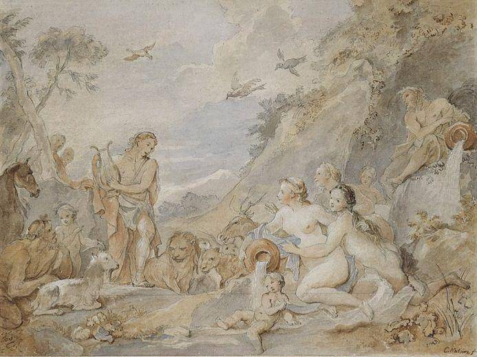 lukisan Orpheus mempesona Nimfa, Dryad, dan Hewan oleh Charles Joseph Natoire (commons.wikimedia.org/Metropolitan Museum of Art)