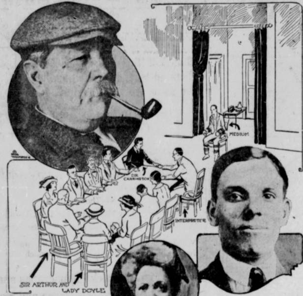Séance yang menggambarkan Arthur Conan Doyle dan beberapa orang lain yang menghadiri pemanggilan arwah dengan media penipuan Nino Pecoraro. (commons.wikimedia.org)