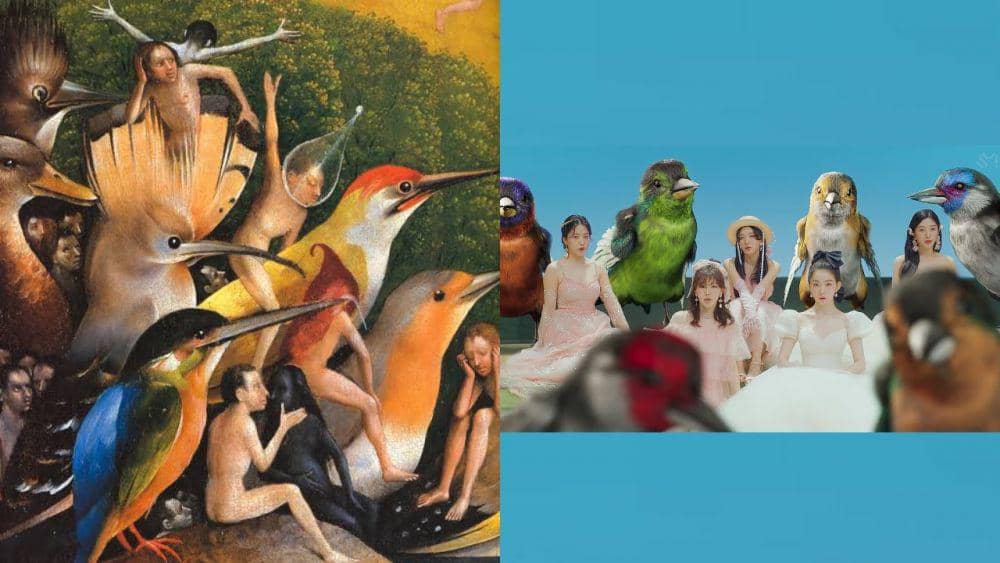 The Garden of Earthly Delights by Hieronymus Bosch (dok. Museo Nacional del Prado via artsy.net) | cuplikan MV Red Velvet "Feel My Rythm" (youtube.com/SMTOWN)