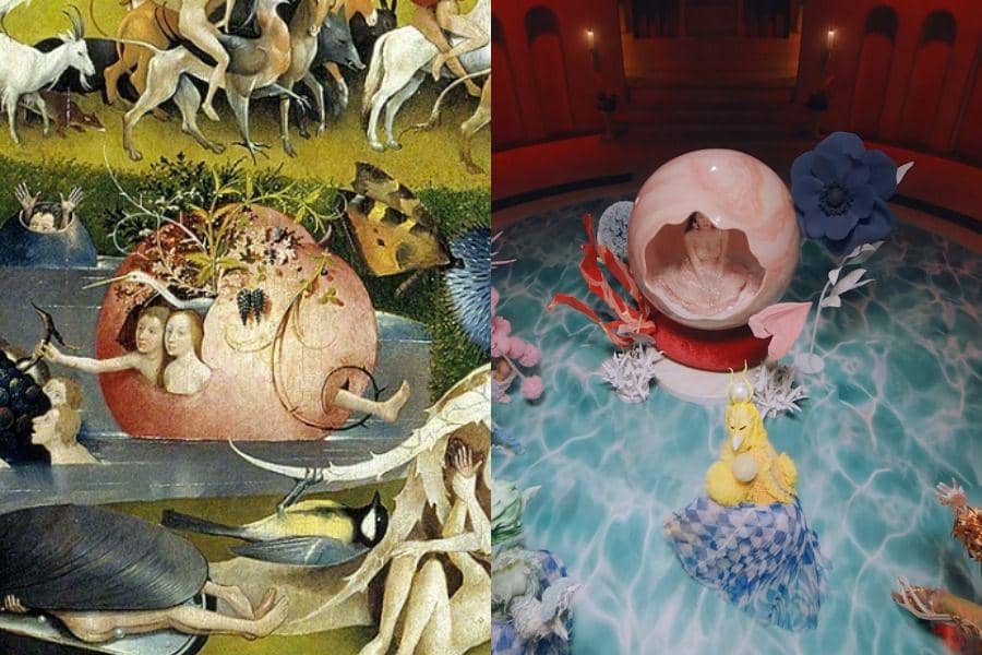 The Garden of Earthly Delights by Hieronymus Bosch (dok. Museo Nacional del Prado via artsy.net) | cuplikan MV Red Velvet "Feel My Rythm" (youtube.com/SMTOWN)