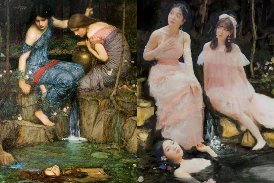 Nymphs Finding the Head of Orpheus karya John William Waterhouse (john-william-waterhouse.com) | cuplikan MV Red Velvet "Feel My Rythm" (youtube.com/SMTOWN)
