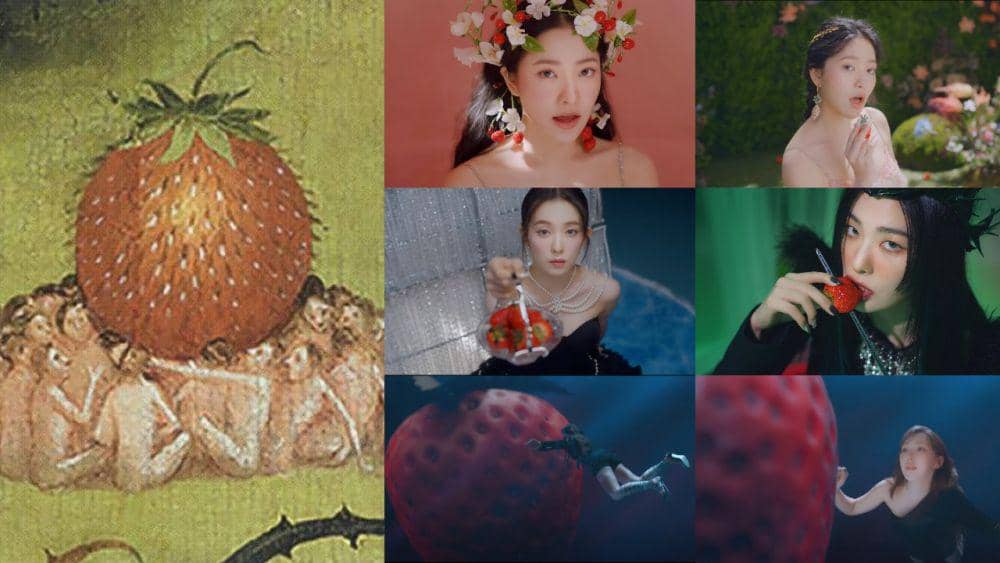 The Garden of Earthly Delights by Hieronymus Bosch (dok. Museo Nacional del Prado via artsy.net) | cuplikan MV Red Velvet "Feel My Rythm" (youtube.com/SMTOWN)