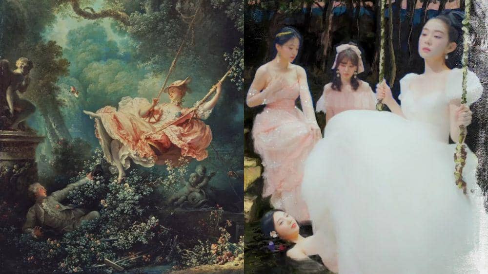 The Swing karya Jean-Honoré Fragonard (Wallace Collection via artsy.net) | cuplikan MV Red Velvet "Feel My Rythm" (youtube.com/SMTOWN)