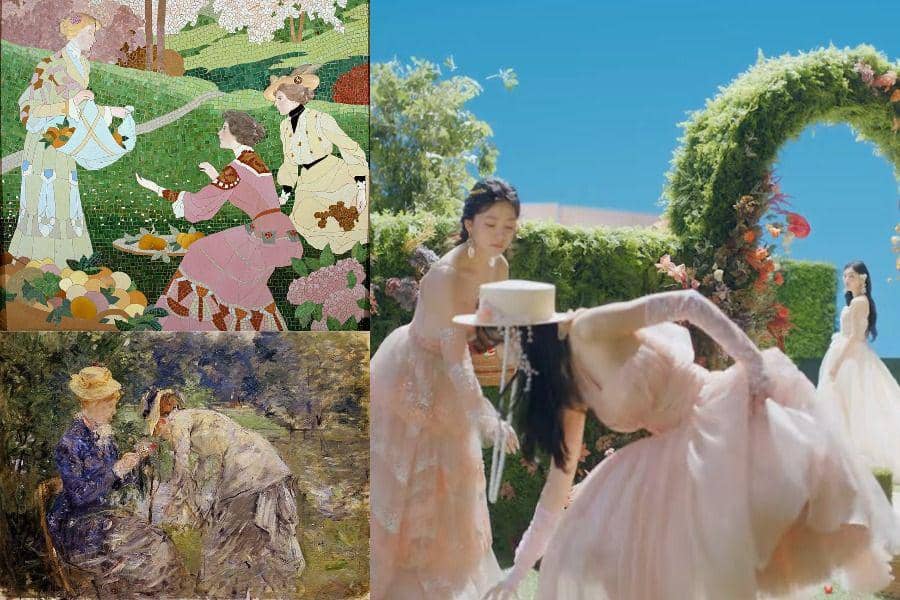 Three Women Picking Fruit by Gaspar Homar (kiri atas) (dok. Museu Nacional d'Art de Catalunya - MNAC, Barcelona) | In the Bois de Boulogne by Berthe Morisot (kiri bawah) (dok. Nationalmuseum Sweden) | cuplikan MV Red Velvet "Feel My Rythm" (youtube.com/SMTOWN)
