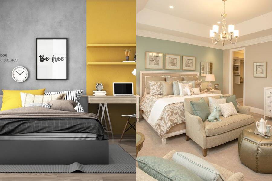 Grey Yellow bedroom (dok.elledecor.com) & Green beige bedroom (dok.decortrendy.com)