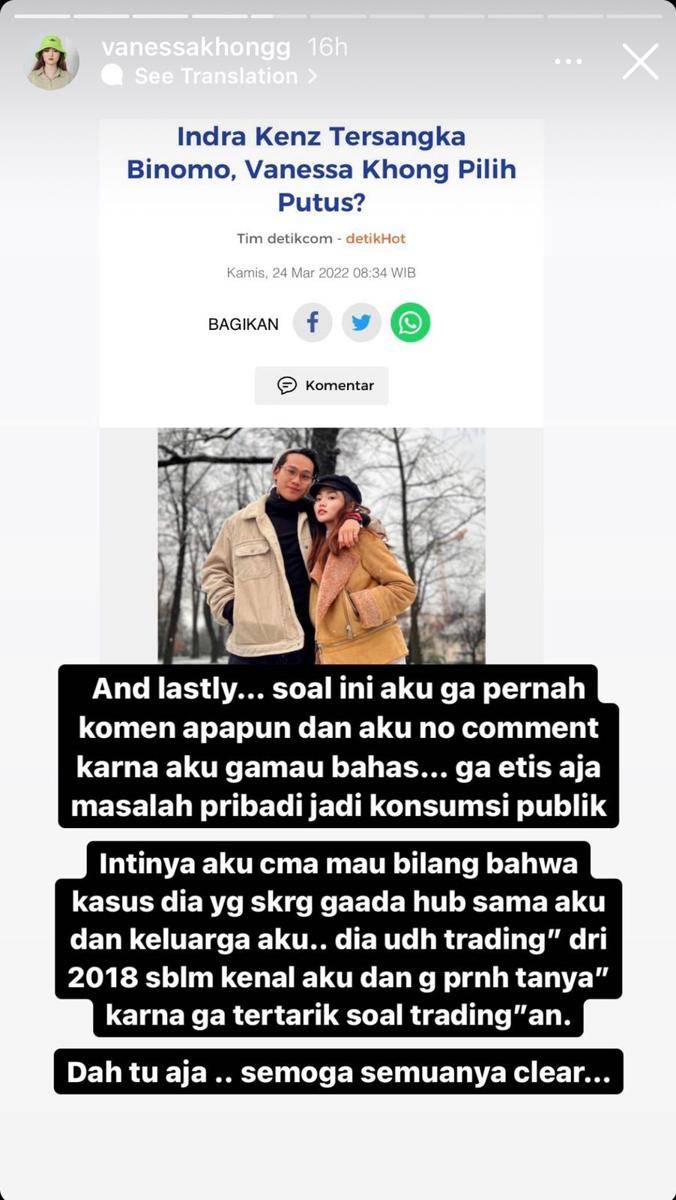 klarifikasi Vanessa Khong, pacar Indra Kenz (instagram.com/vanessakhongg)
