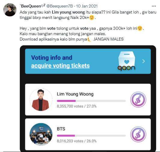 salah satu cuitan ARMY yang mengingatkan penggemar lainnya untuk melakukan voting karena gap perolehan suara mencapai 300 ribu (twitter.com/Beequeen7B)