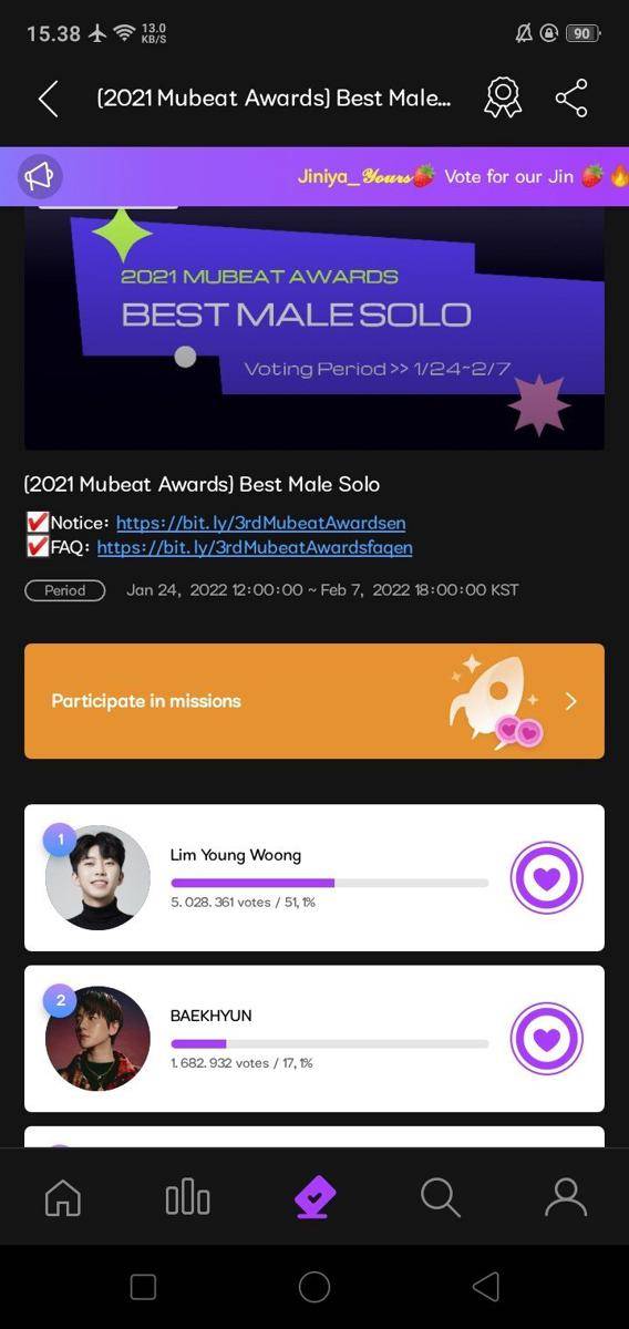 perolehan hasil suara sementara dalam kategori Best Malem Solo di ajang penghargaan 2021 Mubeat Awards (twitter.com/njaemilk)