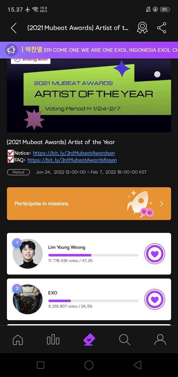 perolehan hasil suara sementara dalam kategori Artis of the Year di ajang penghargaan 2021 Mubeat Awards (twitter.com/njaemilk)