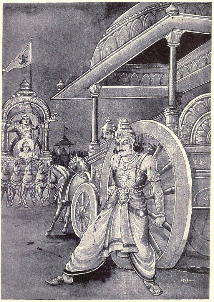 lukisan Karna yang mencoba mengeluarkan roda keretanya yang tersangkut dan Arjuna siap memanah (wikimedia.org)