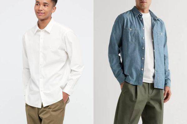 Ilustrasi kemeja lengan panjang kasual dan chambray shirt (uniqlo.com | mrporter.com)