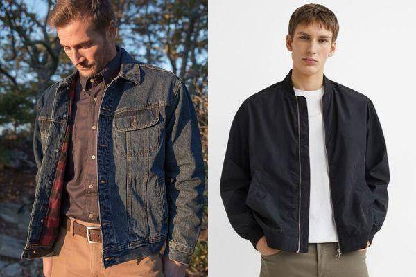 Ilustrasi denim dan bomber jacket (wrangler.com | hm.com)