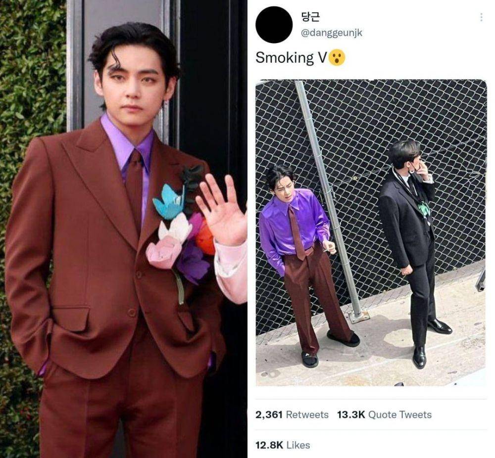 V BTS terpotret merokok sebelum Grammy 2022 (Instagram.com/thv|Twitter.com/danggeunjk)
