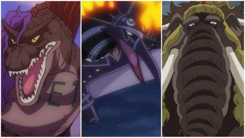 Spinosaurus, pteranodon, dan mammoth di One Piece. (Dok. Toei Animation/One Piece)