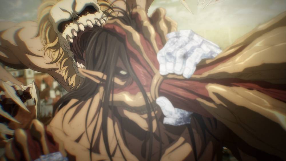 Eren Yeager vs. Reiner Braun dan Porco Galliard (dok. MAPPA/Attack on Titan: The Final Season)