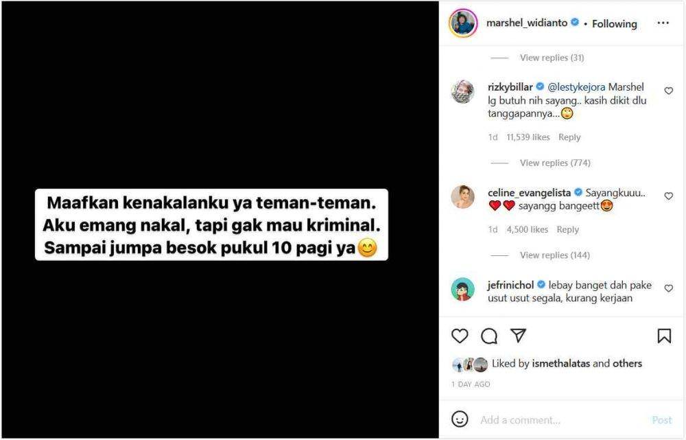 Dukungan Marshel Widianto (Instagram.com/marshel_widianto/)