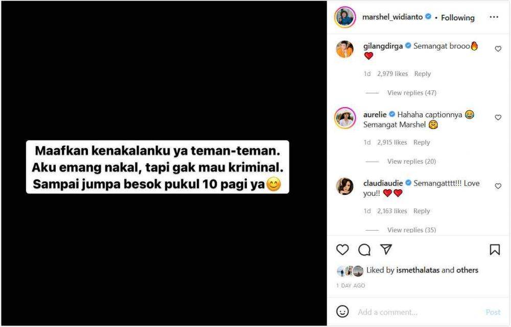 Dukungan Marshel Widianto (Instagram.com/marshel_widianto/)