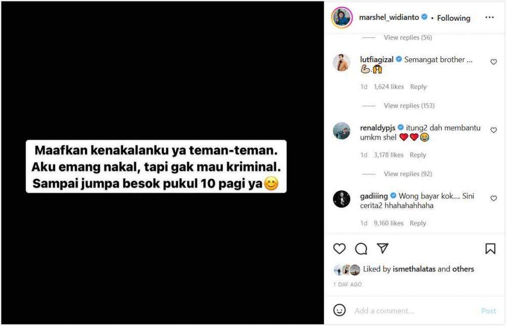 Dukungan Marshel Widianto (Instagram.com/marshel_widianto/)
