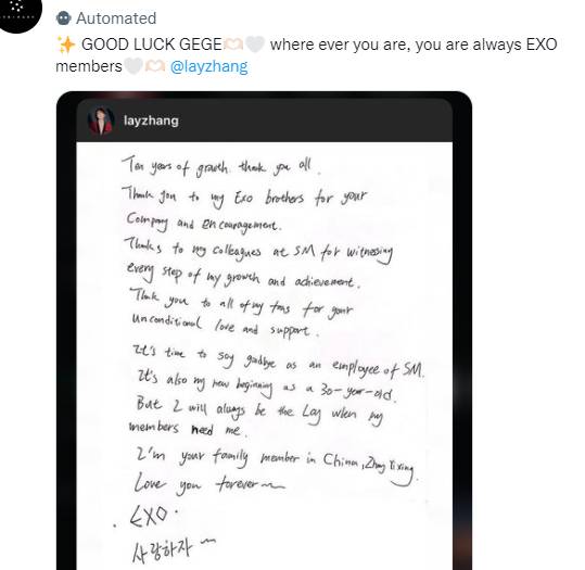 Cuitan fans atas hengkangnya Lay EXO dari agensi (Twitter.com/aeribase)